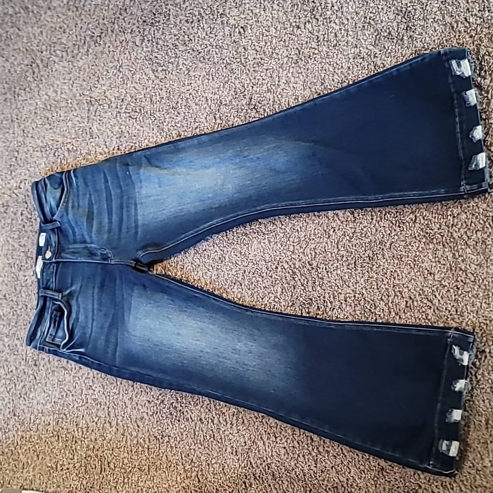 STUNNING KANCAN KURVY MID ROSE FLARE DISTRESSED DARK DENIM